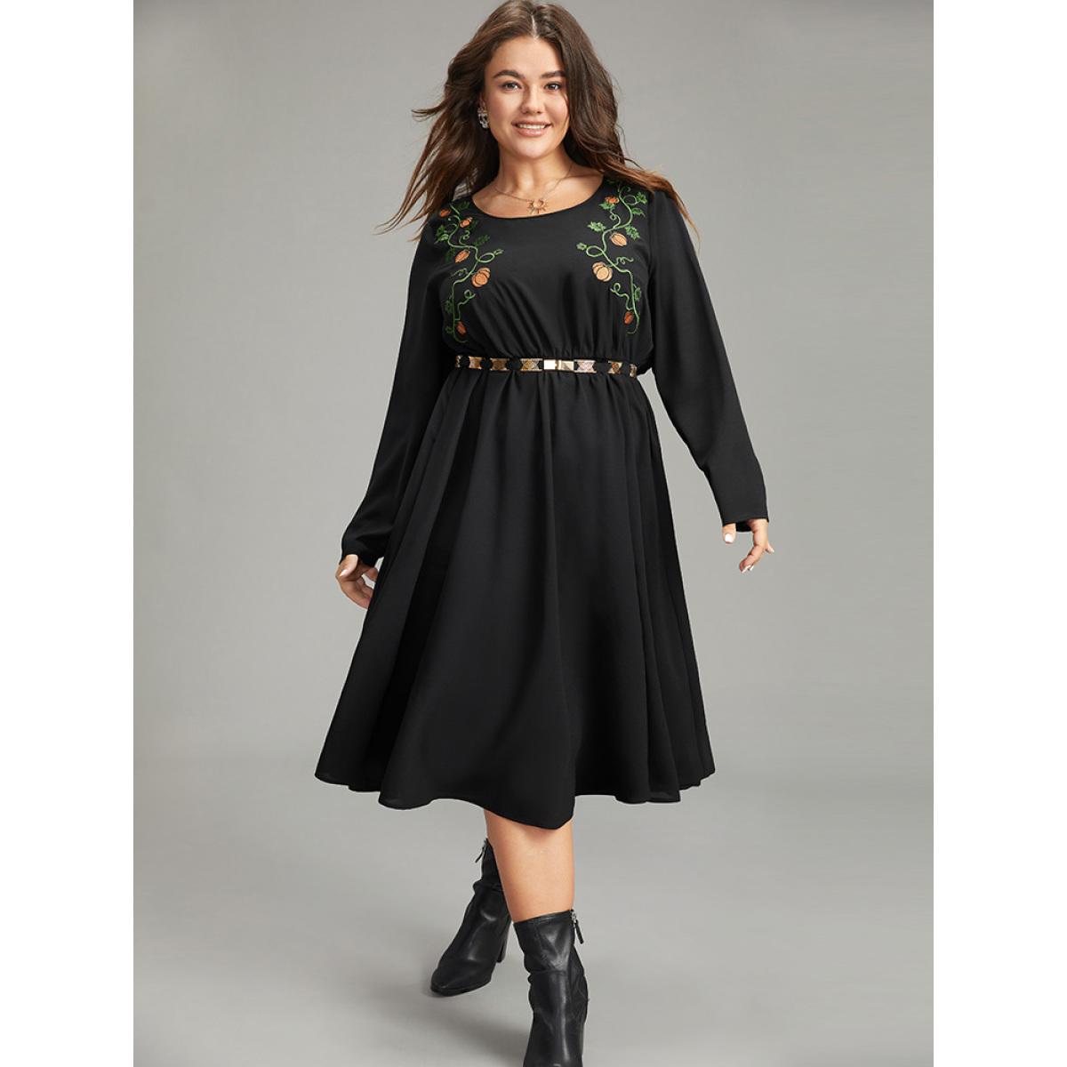 Plus Size Halloween Pumpkin Embroidered Pocket Dress Black Women Casual Embroidered Round Neck Long Sleeve Curvy Midi Dress BloomChic 14-16/1X Product Image