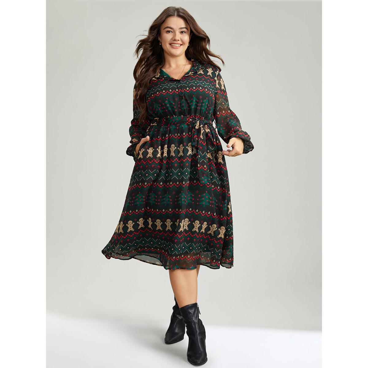 Plus Size Christmas Button Through Belted Mesh Patchwork Dress Cyan Women Office Elastic cuffs Shirt collar Long Sleeve Curvy Midi Dress BloomChic 18-20/2X Product Image