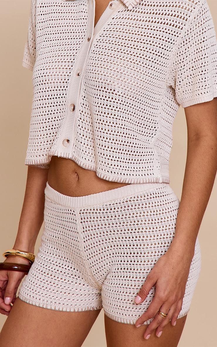 Oatmeal Contrast Stitch Crochet Knit Short  Product Image