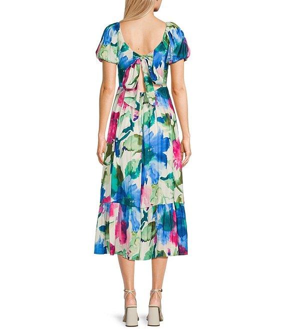 Next Up Printed Short Puff Sleeve Sweetheart Neck Front Twist Tie Back Midi Dress Product Image