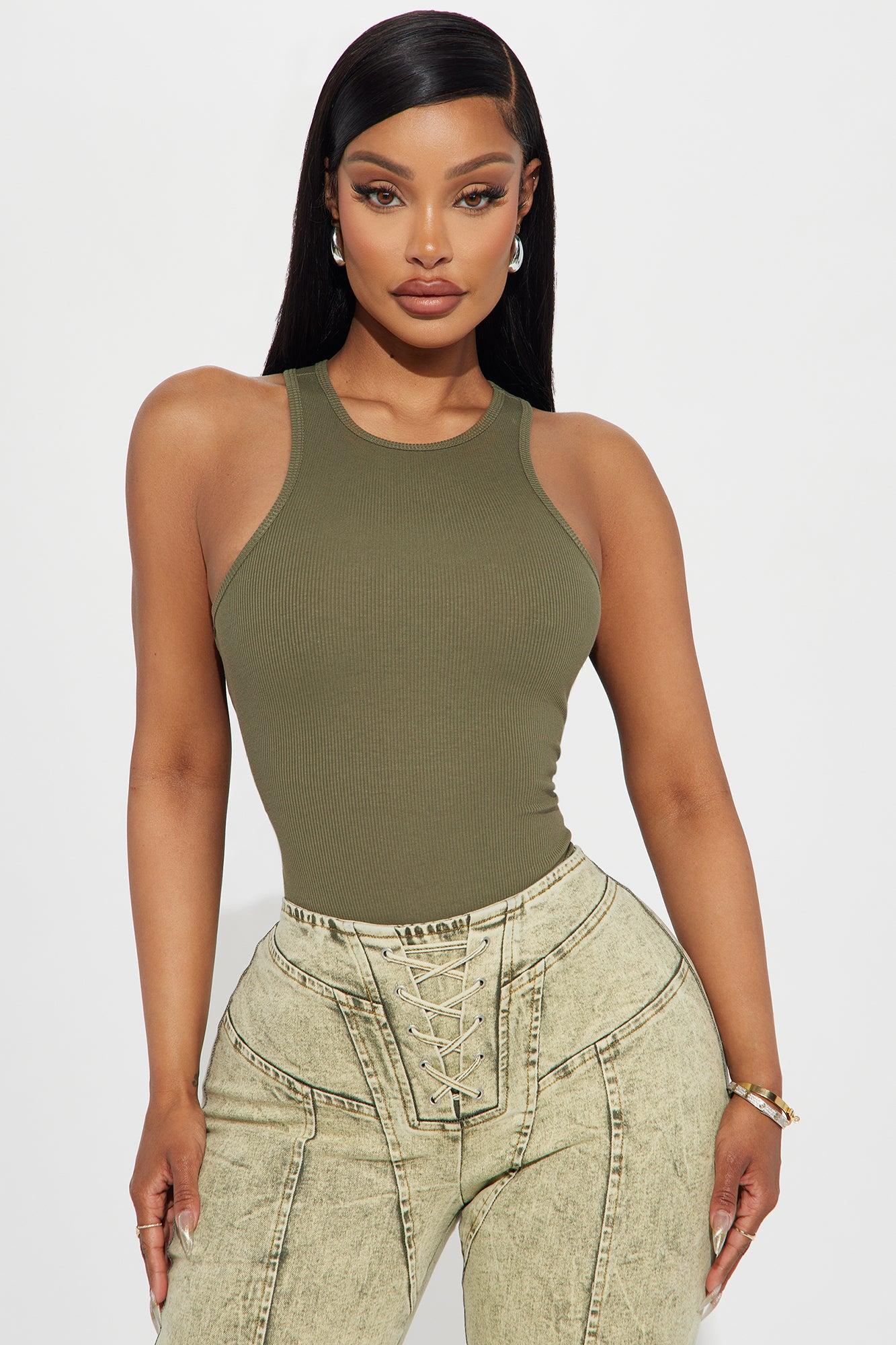 Model Attitude Racerback Bodysuit - Olive Product Image