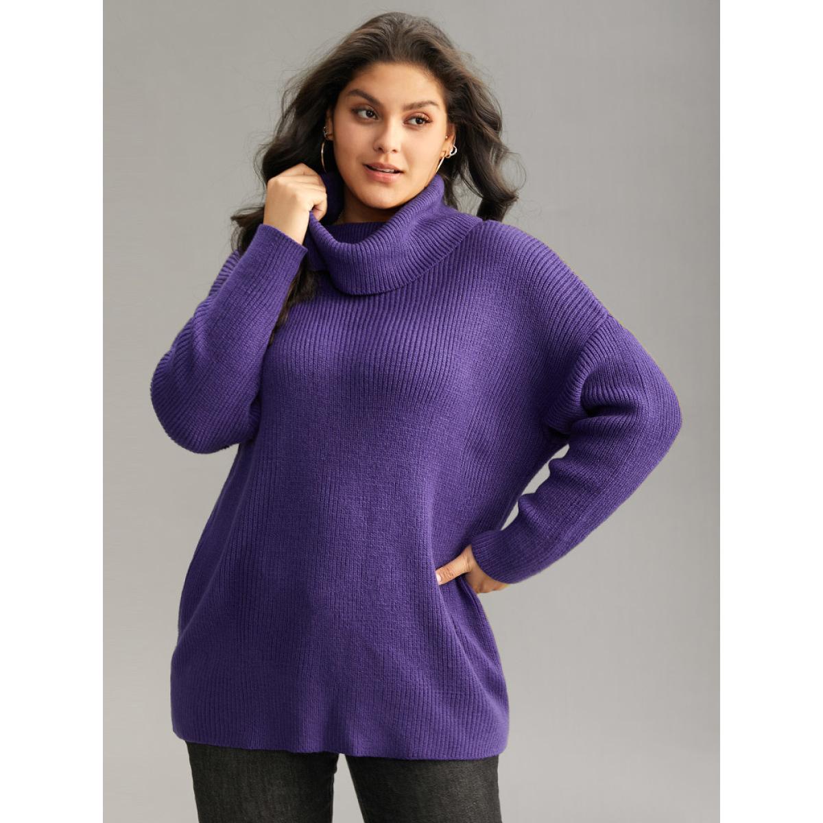 Plus Size Plain Turtleneck Texture Elastic Cuffs Pullover BlueViolet Women Casual Loose Long Sleeve Turtleneck Dailywear Pullovers BloomChic 22-24/3X Product Image