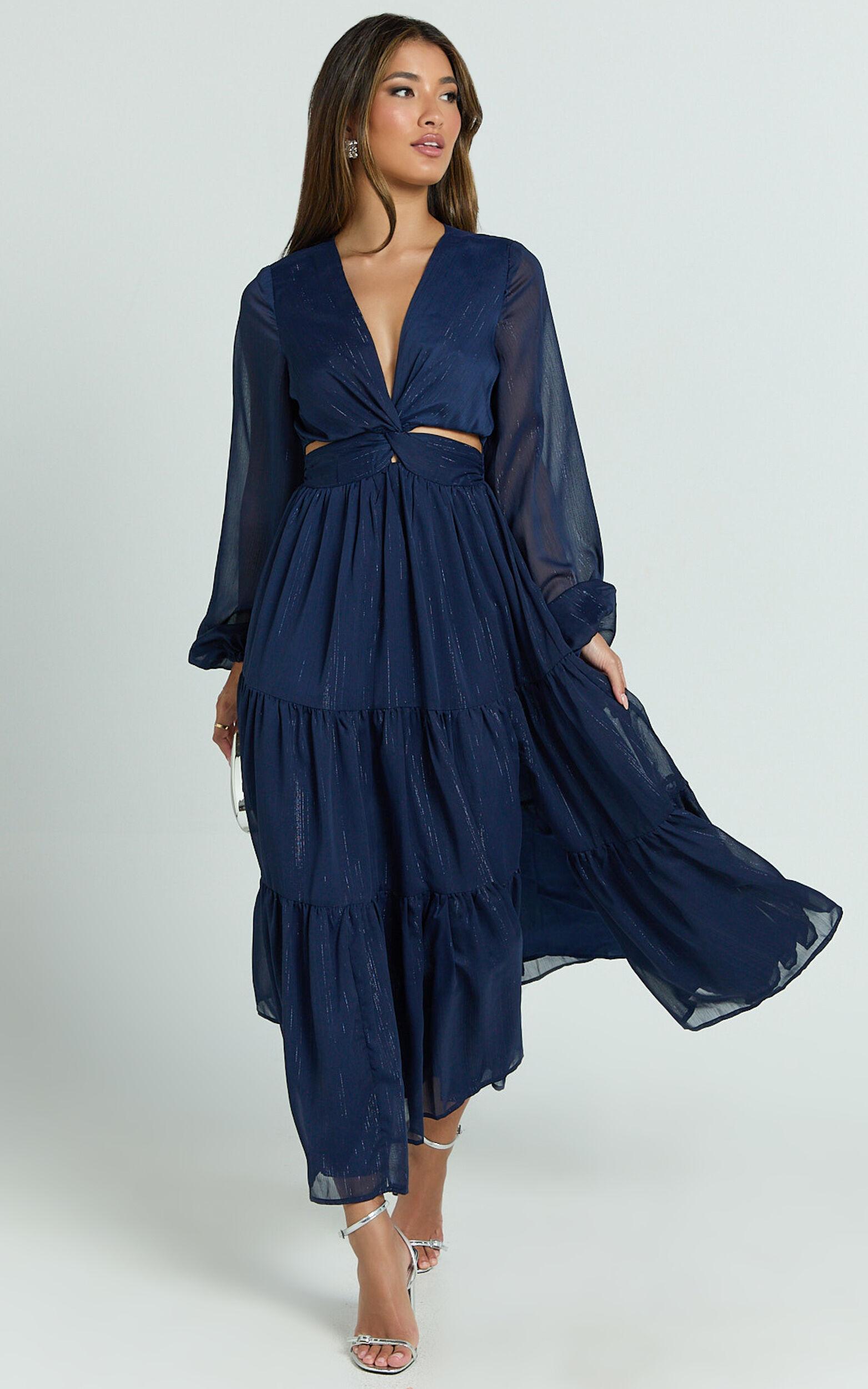 Edelyn Midi Dress - Cut Out Balloon Sleeve Tiered Dress in Navy Product Image