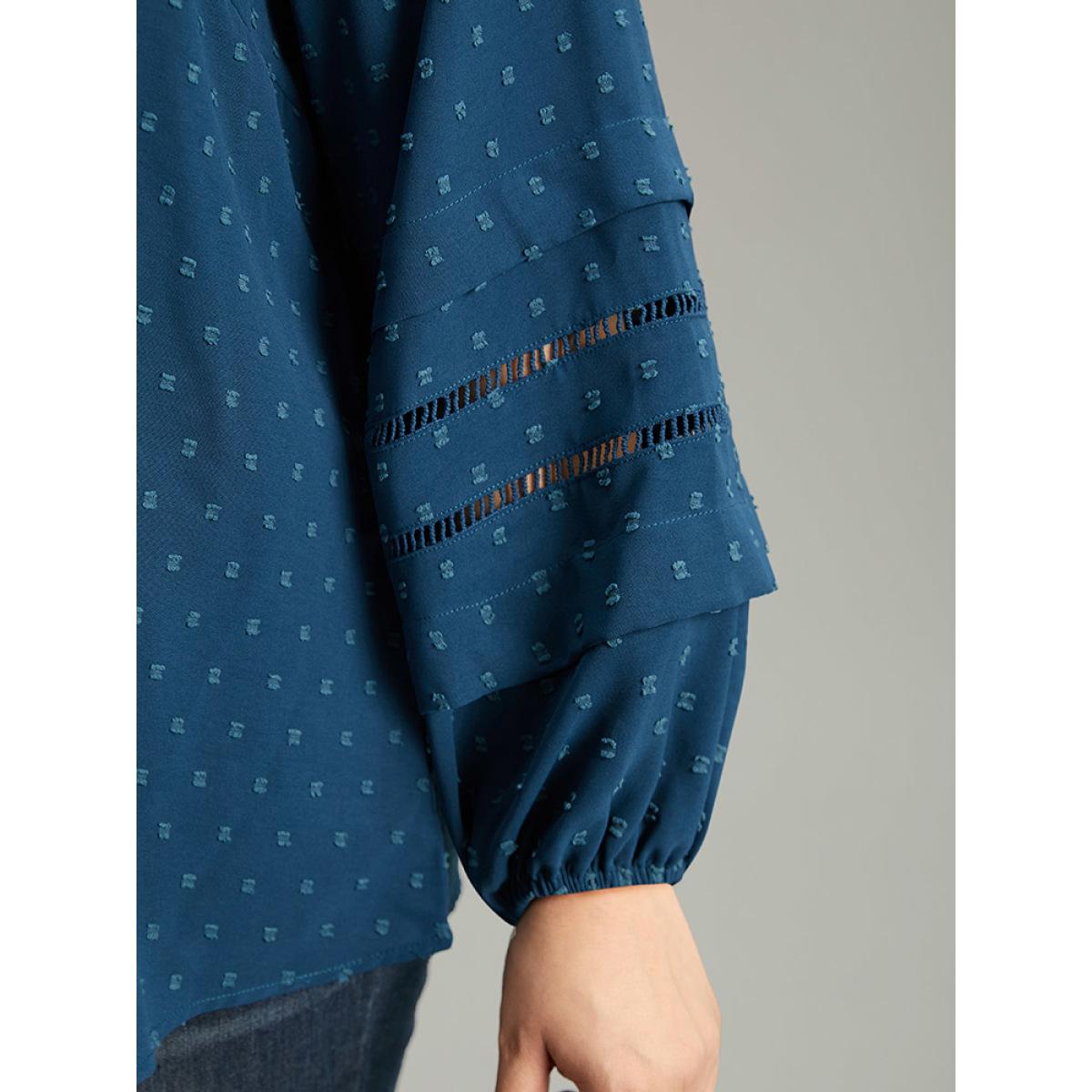 Plus Size Aegean Plain Textured Cut Out Frill Trim Lantern Sleeve Blouse Women Office Long Sleeve V-neck Office Blouses BloomChic 10/M Product Image