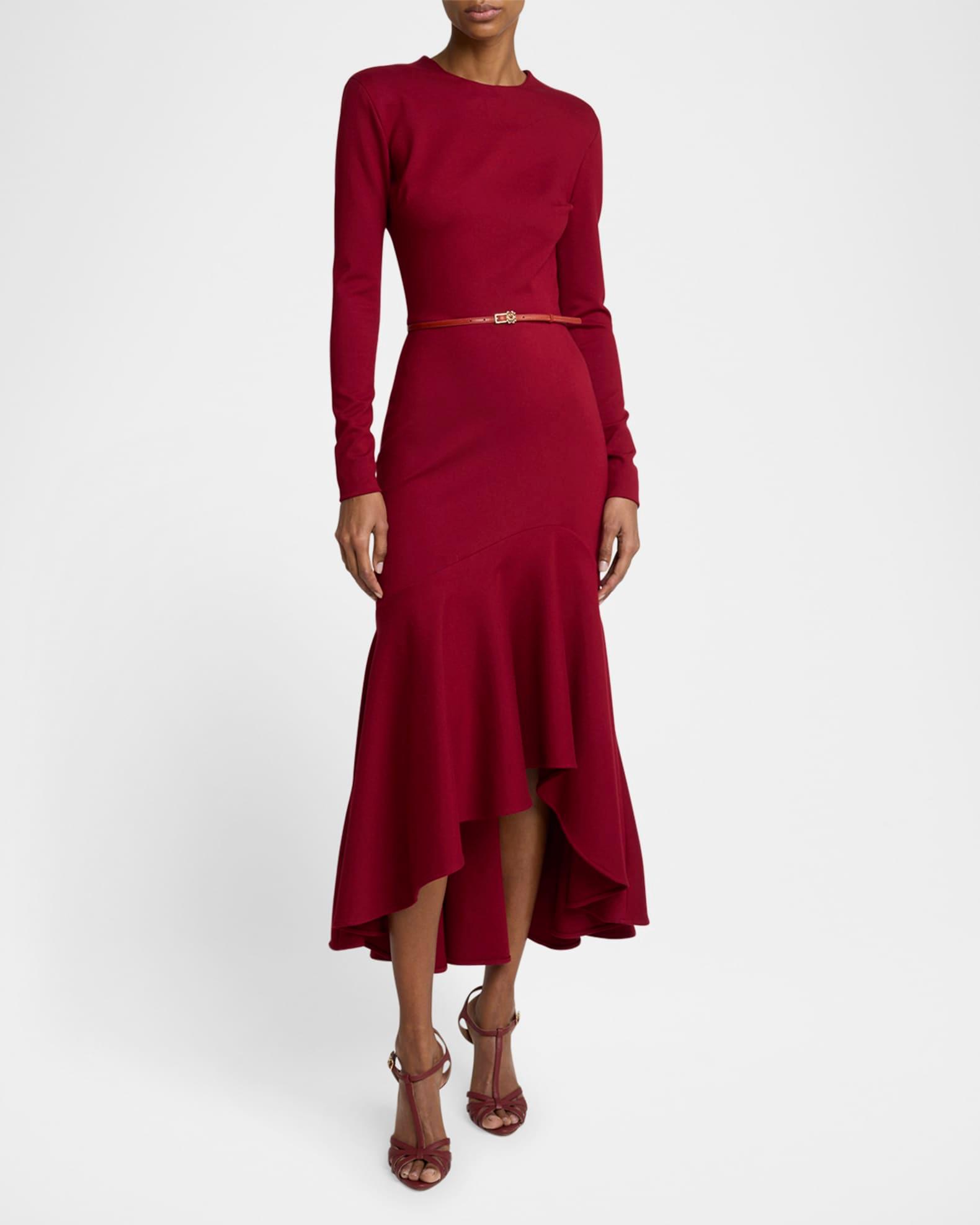 Long-Sleeve Flounce-Hem Jersey Midi Dress Product Image
