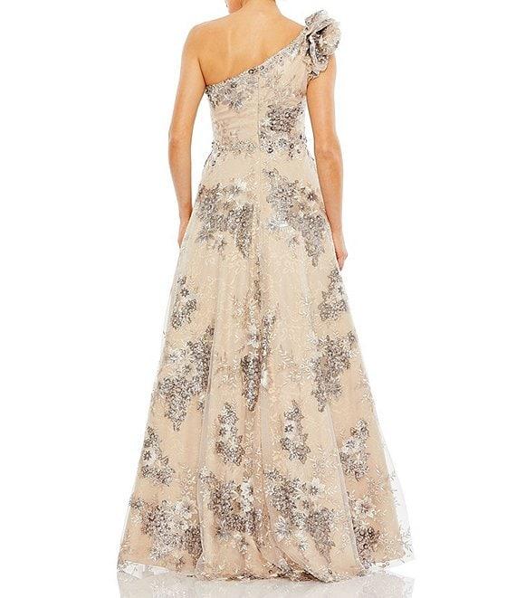 Mac Duggal Floral Embellished One Shoulder Neck Ruffle Beaded A-Line Gown Product Image