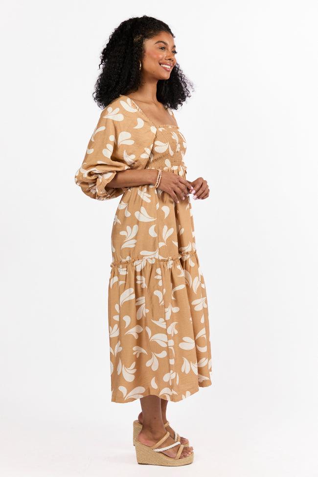 Swing Of Things Neutral Printed Smocked Midi Dress Product Image