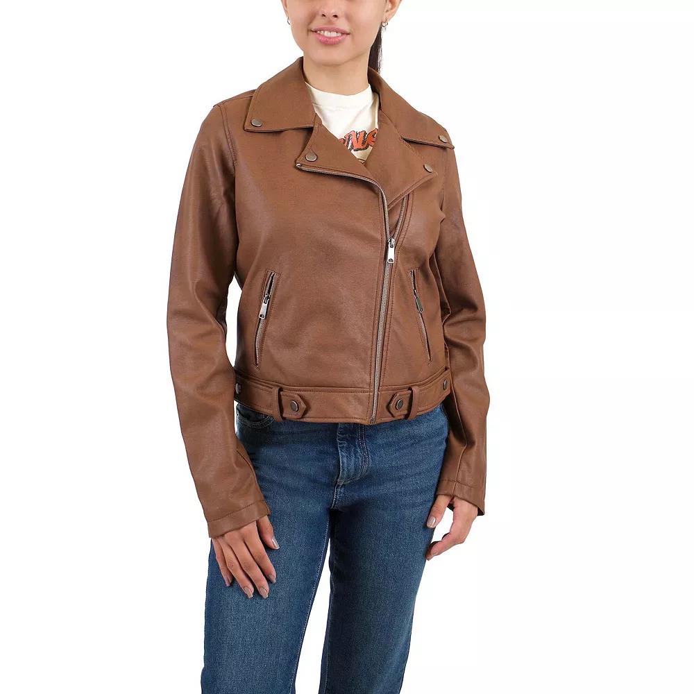 Juniors' Coffee Shop Classic Faux Leather Moto Jacket, Women's, Size: Small, Brown Product Image