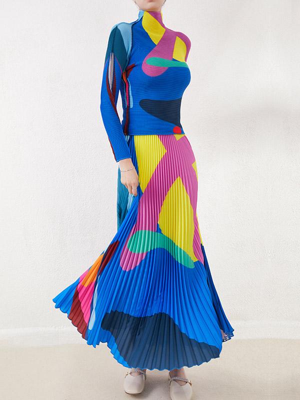 A-Line Loose Contrast Color Pleated Skirts Bottoms Product Image