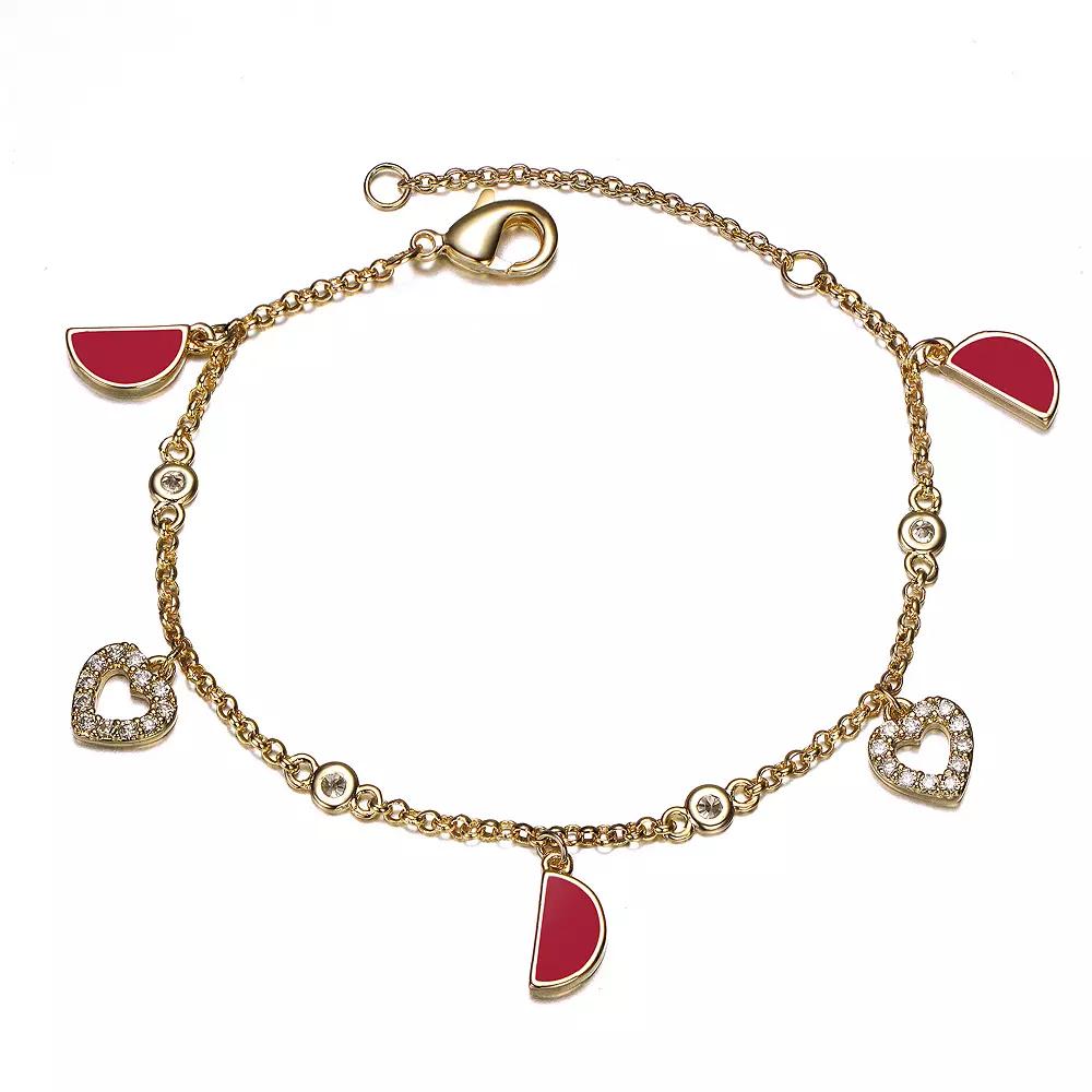 Kids 14k Gold Plated Cubic Zirconia Heart & Red Half Moon Charm Bracelet, Womens Gold Tone Product Image