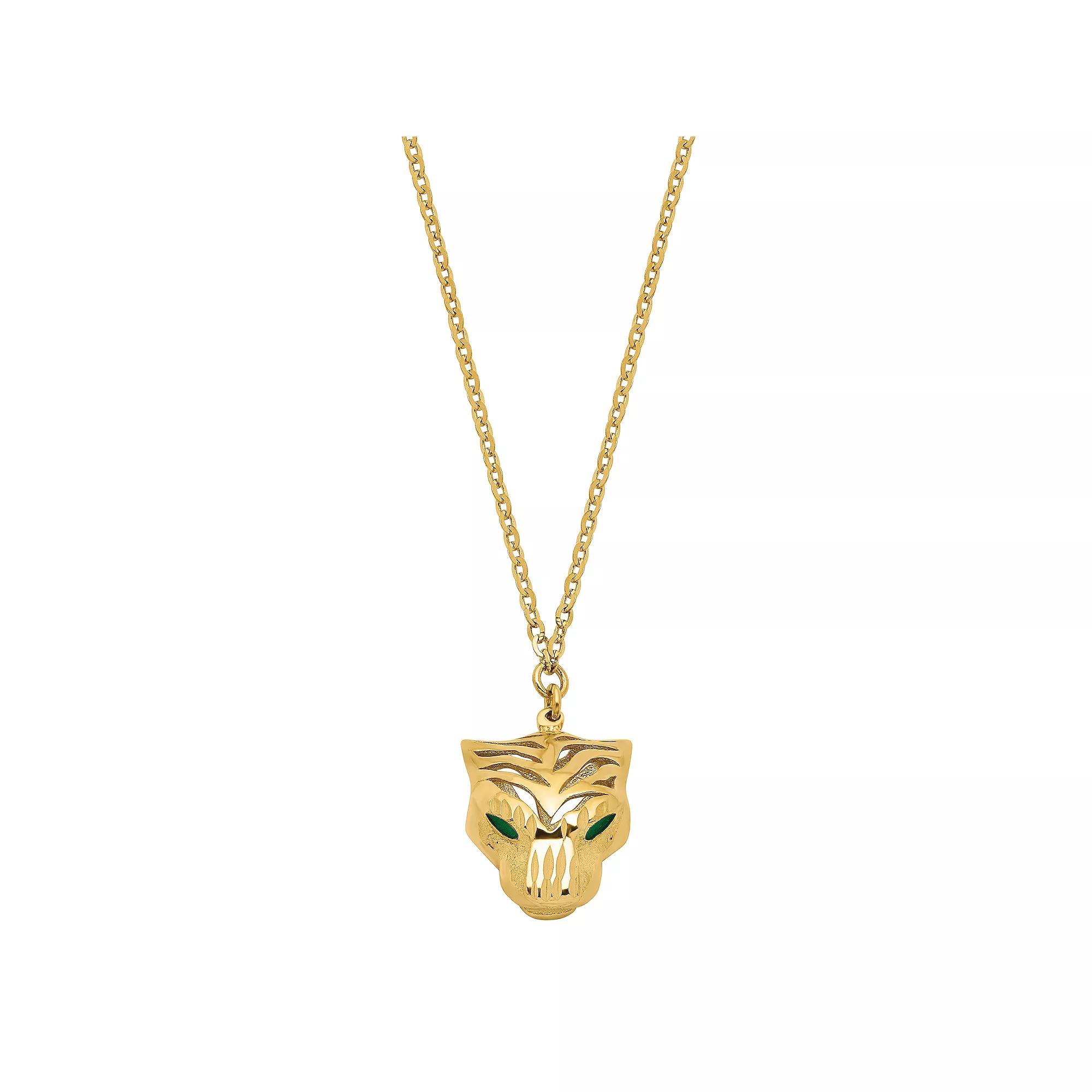 Polished 14k Gold & Green Enamel Tiger Necklace, Women's, Size: 18" Product Image
