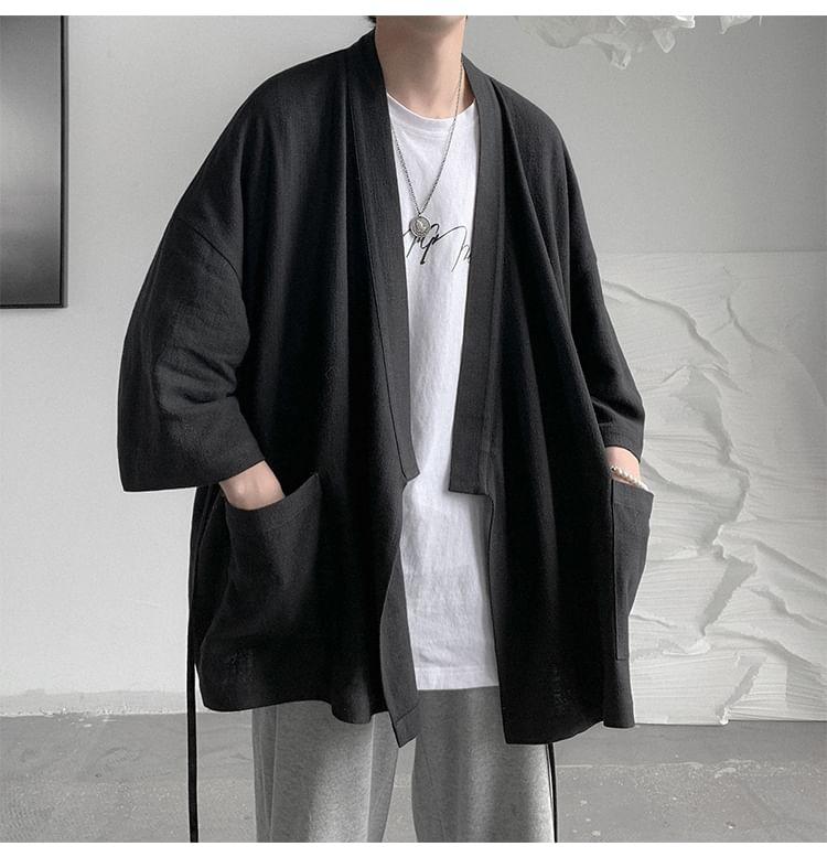 3/4-Sleeve Plain Open Front Kimono Jacket Product Image