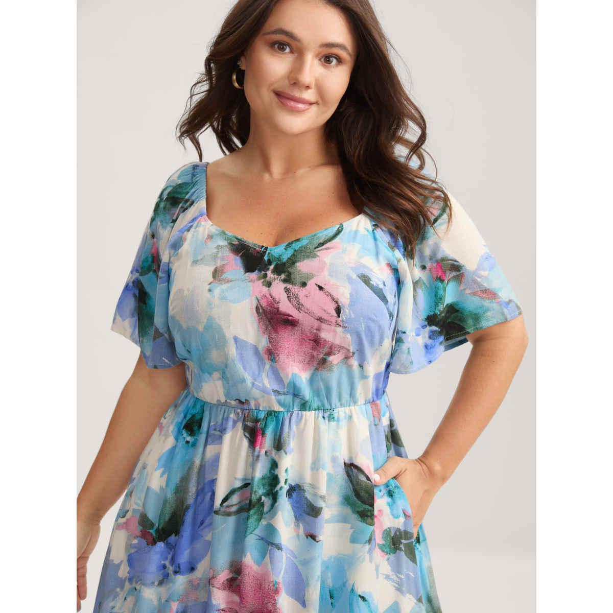 Plus Size Floral Print Sweetheart Neck Pockets Midi Dress Multicolor Women V-neck Short sleeve Curvy BloomChic 14-16/1X Product Image
