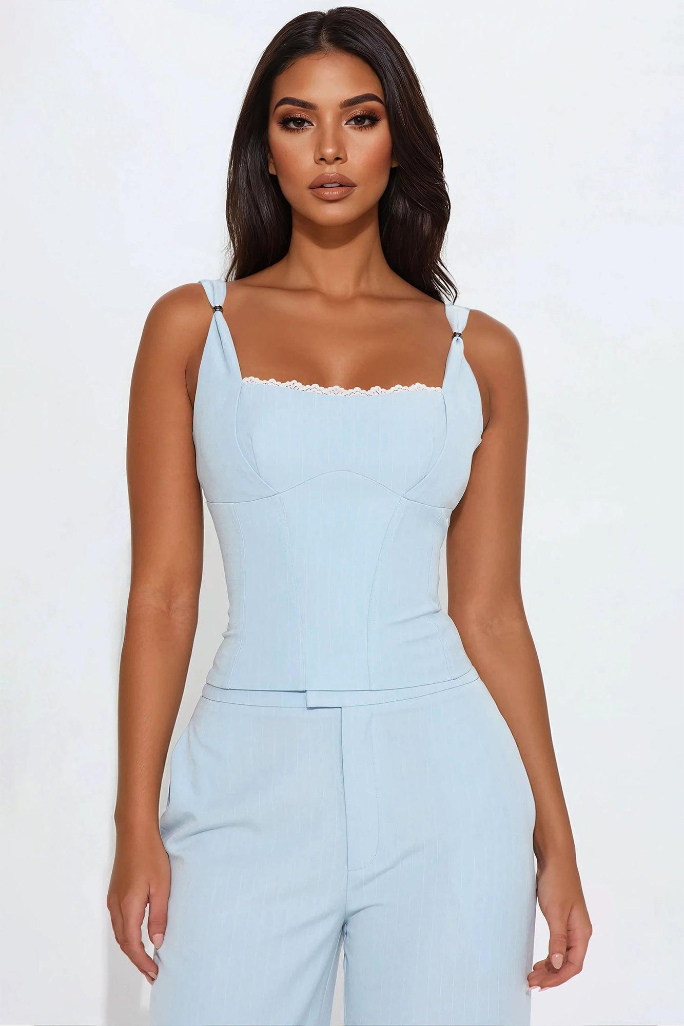 Evangeline Pinstripe Pant Set - Light Blue Product Image