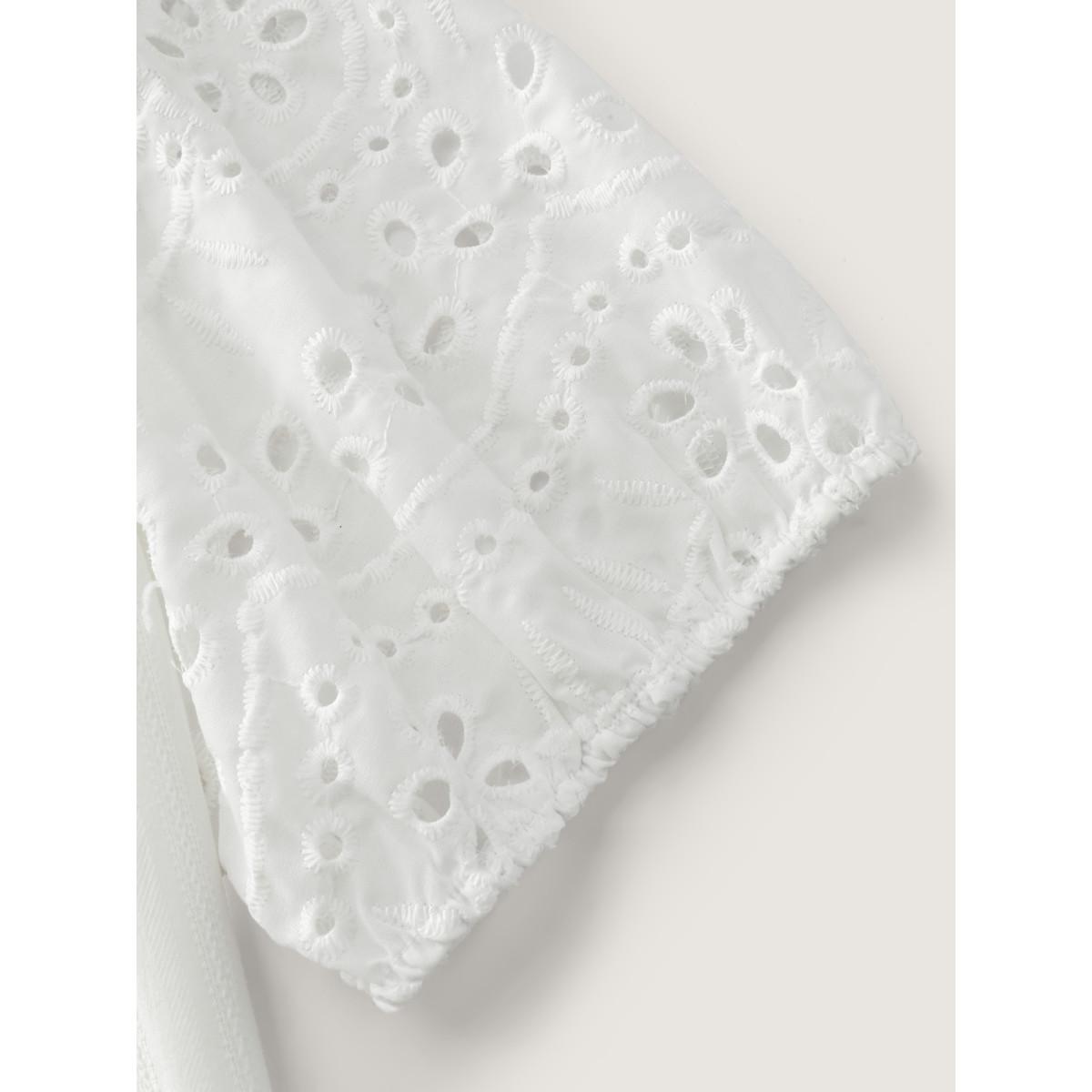 Plus Size Originalwhite Floral Eyelet Trim Ruffled Neck Blouse Women Boho Short sleeve Stand-up collar Vacation Blouses BloomChic 18-20/2X Product Image