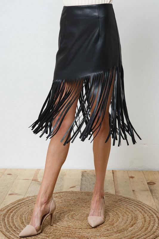 Edalyn Faux Leather Fringe Knee Length Skirt Product Image