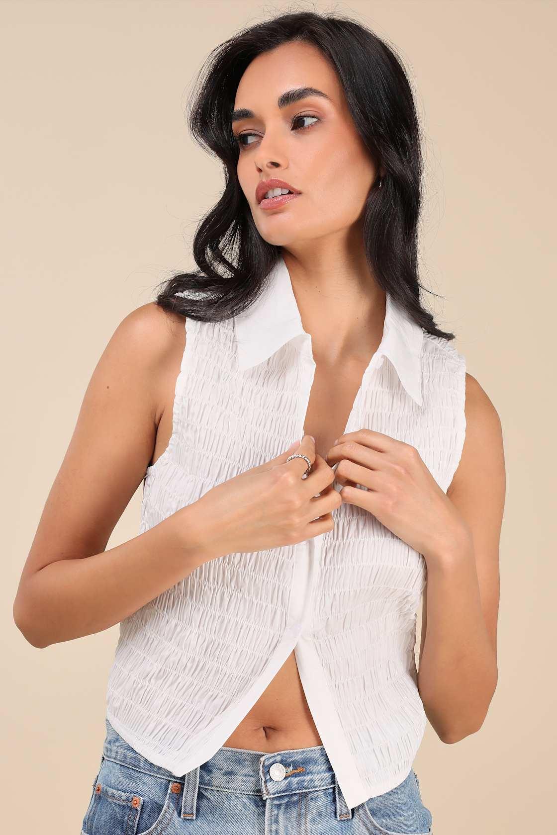 Ellema White Textured Sleeveless Collared Top Product Image