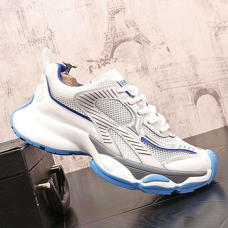 Hidden Wedge Mesh Panel Lace-Up Faux Leather Sneakers Product Image