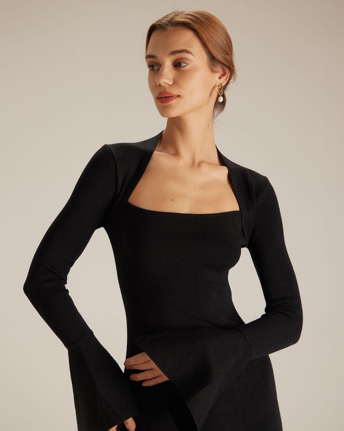 The Black Square Neck Flare Sleeve Midi Dress Product Image
