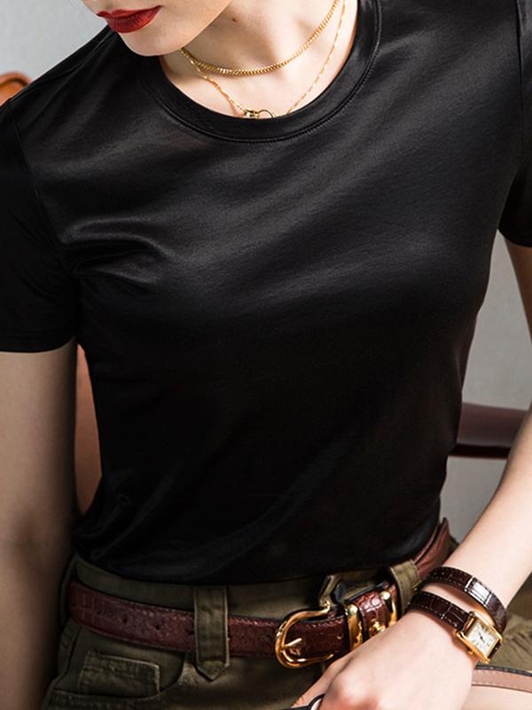 Loose Short Sleeves Shiny Solid Color Round-Neck T-Shirts Tops Product Image