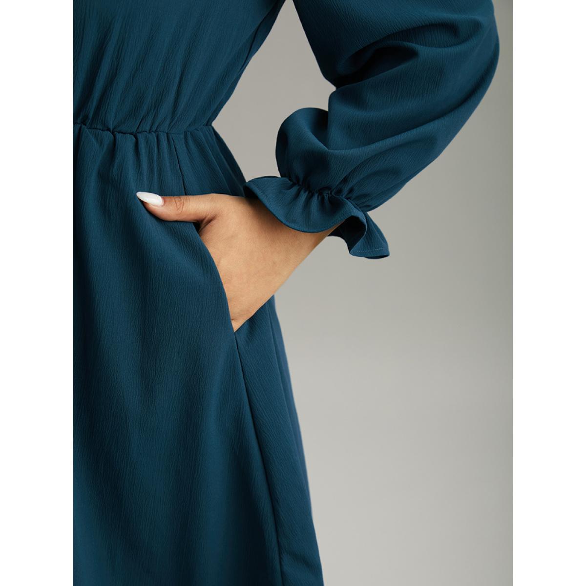 Plus Size Solid Frill Trim Guipure Lace Flutter Sleeve Dress Aegean Women At the Office Plain Notched collar Long Sleeve Curvy Midi Dress BloomChic 28/5X Product Image