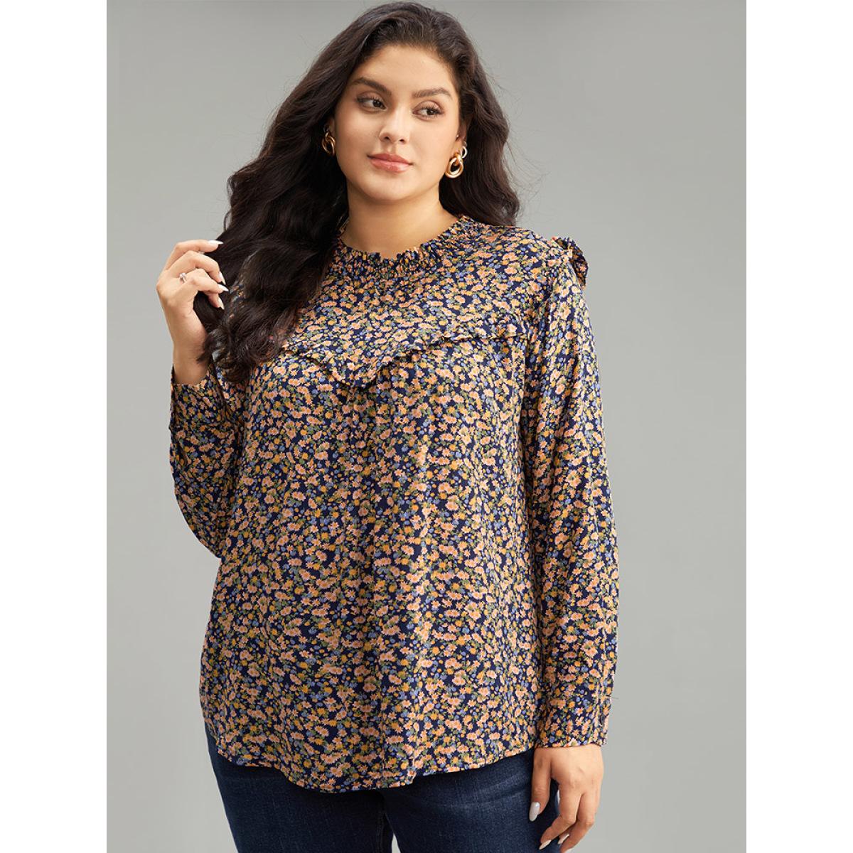 Plus Size Multicolor Ditsy Floral Shirred Ruffle Trim Blouse Women Elegant Long Sleeve Halter neck Dailywear Blouses BloomChic 14-16/1X Product Image