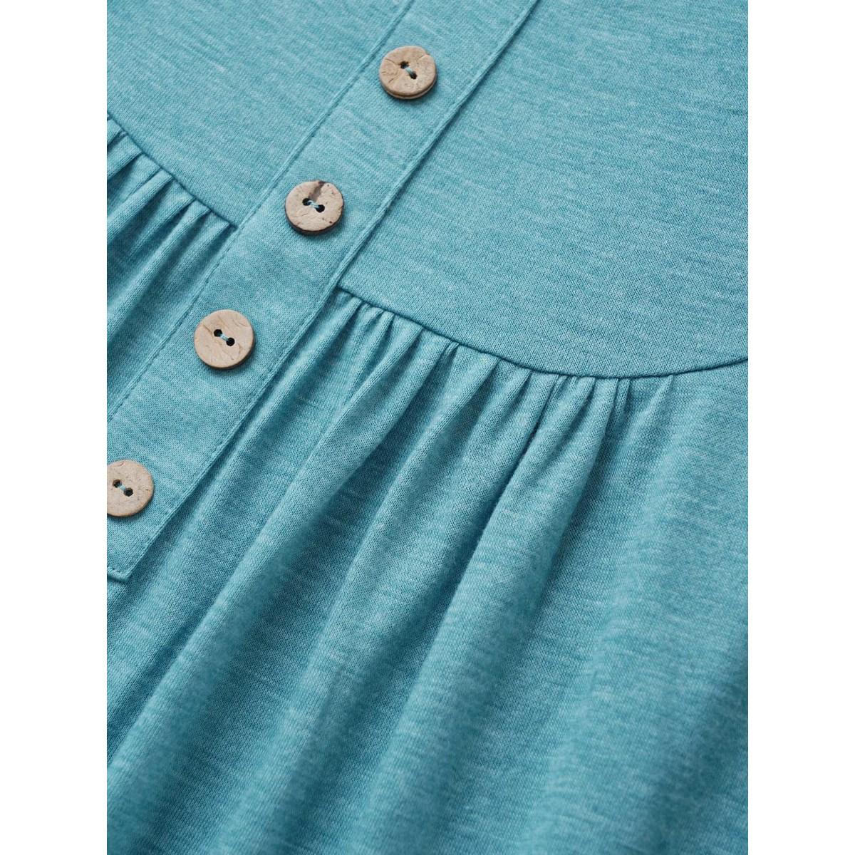 Plus Size Solid Heather Button Detail Gathered T-shirt Turquoise Women Casual Button Plain U-neck Everyday T-shirts BloomChic 26/4X Product Image