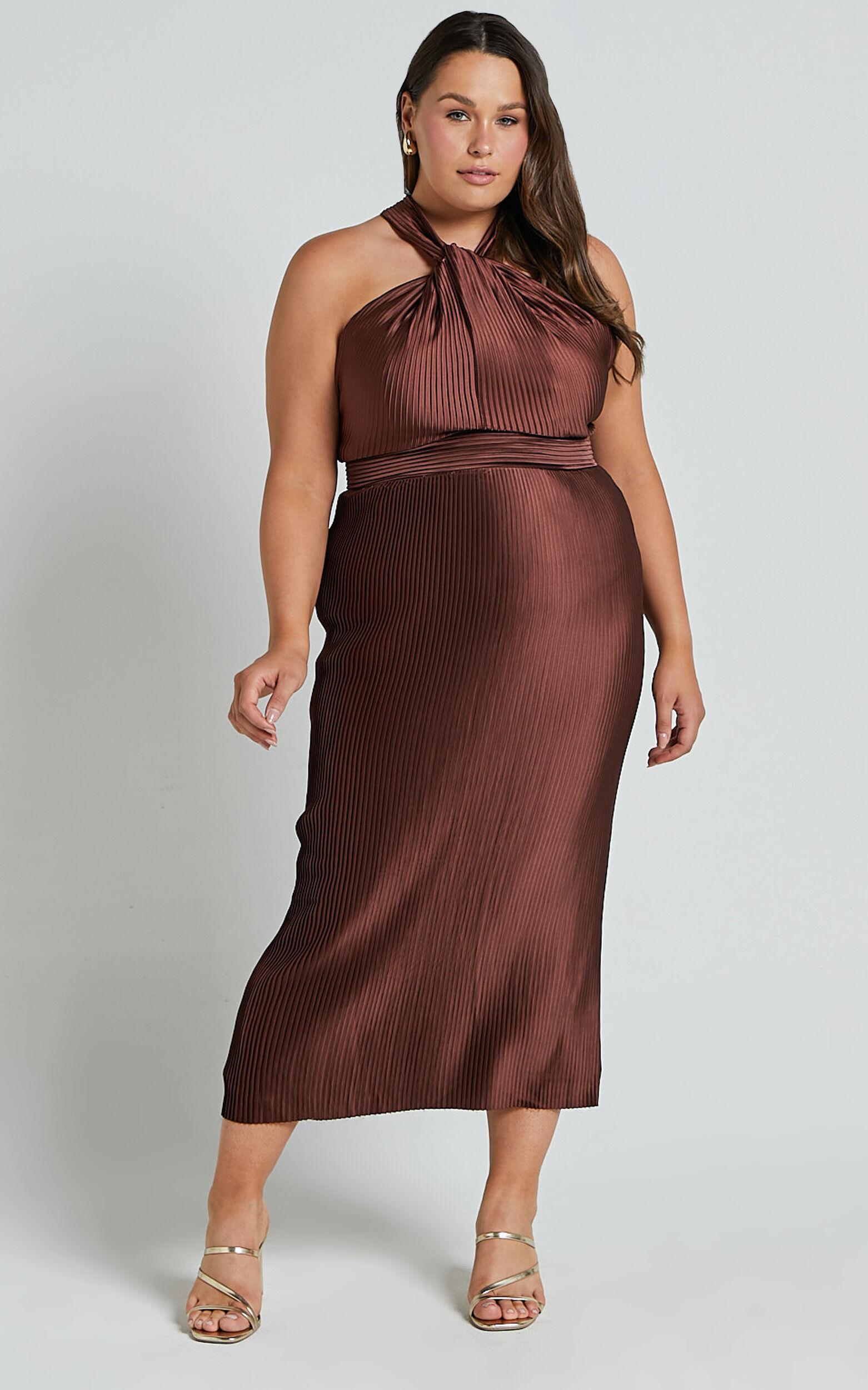 Marlette Midi Dress - Pleated Open Back Halter Dress in Chocolate Product Image
