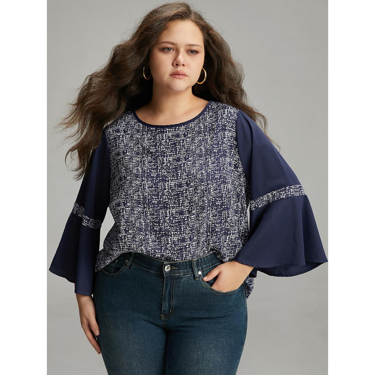 Plus Size DarkBlue Patchwork Crew Neck Ruffle Sleeve Blouse Women Vacation Long Sleeve Round Neck Dailywear Blouses BloomChic 22-24/3X Product Image