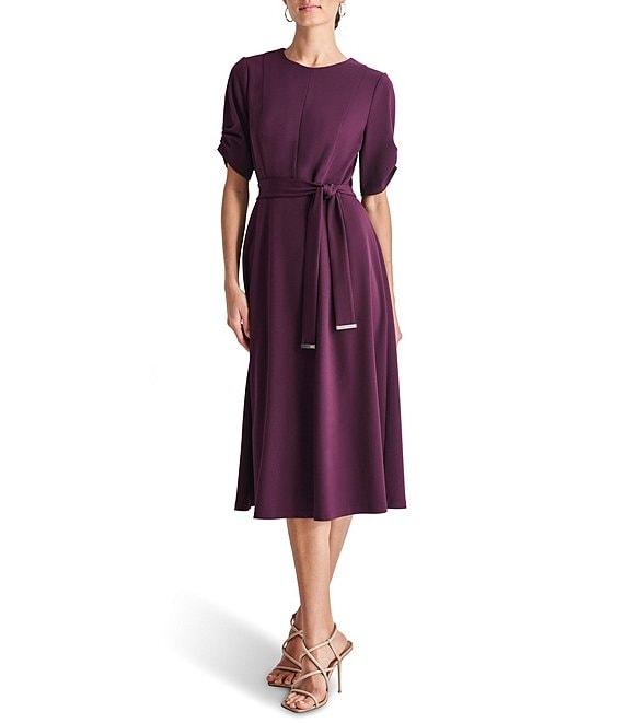 DKNY by Donna Karan Knit Round Neck Short Ruched Sleeve Tie Waist Midi Dress Product Image