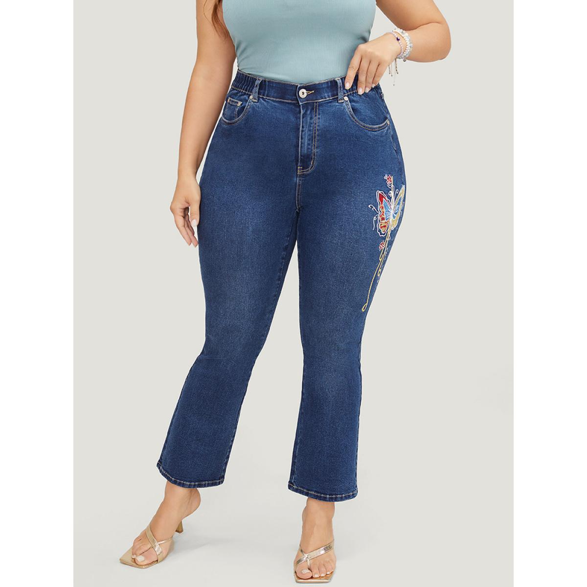 Plus Size Butterfly Embroidered Moderately Stretchy High Rise Dark Wash Bootcut Jeans Women Blue Elegant Plain Embroidered Medium stretch Pocket Jeans BloomChic 16/1X Product Image