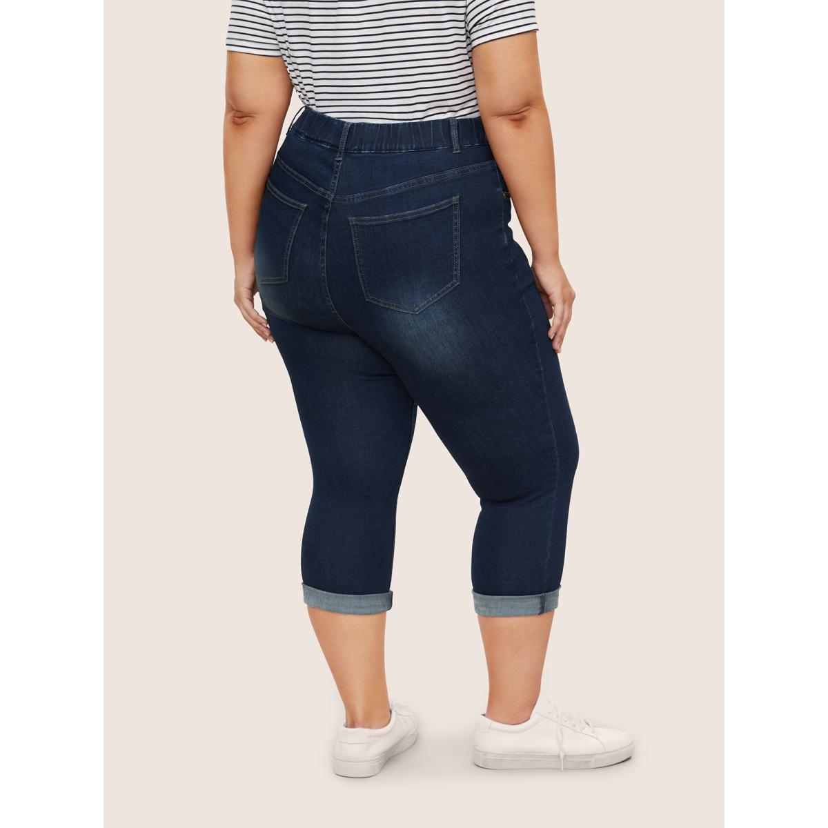 Plus Size Dark Wash Elastic Waist Roll Hem Jeans Women Midnight Casual Roll Hem High stretch Slanted pocket Jeans BloomChic 30/6X Product Image