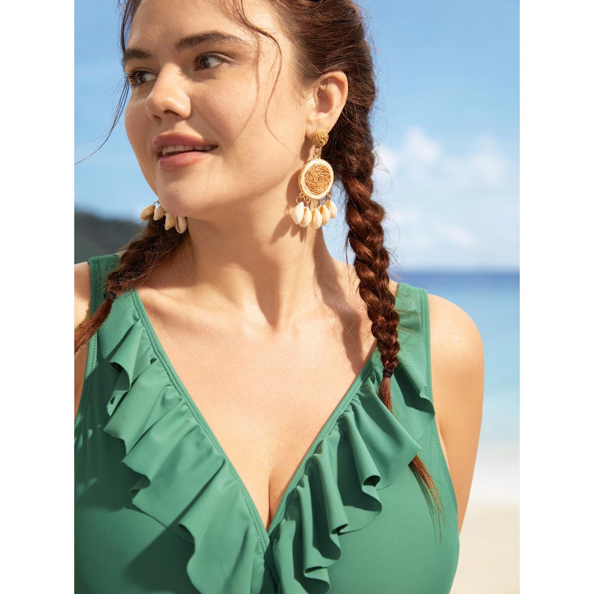 Plus Size Solid Ruffle Surplice Neck Trim Swim Top Women's Swimwear Palemauve Resort Ruffles High stretch Skinny Overlap Collar Curve Swim Tops BloomChic 30/6X Product Image