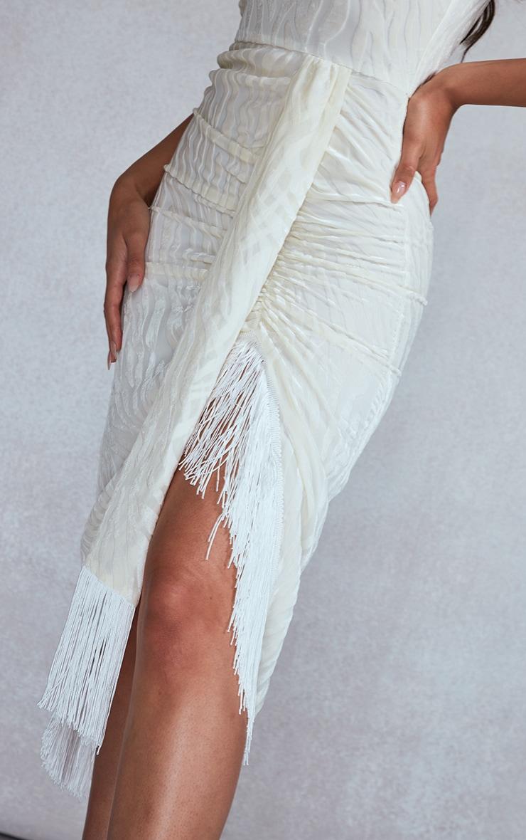 White Devore Tassel Detail Underwired Draped Midi Dress Product Image
