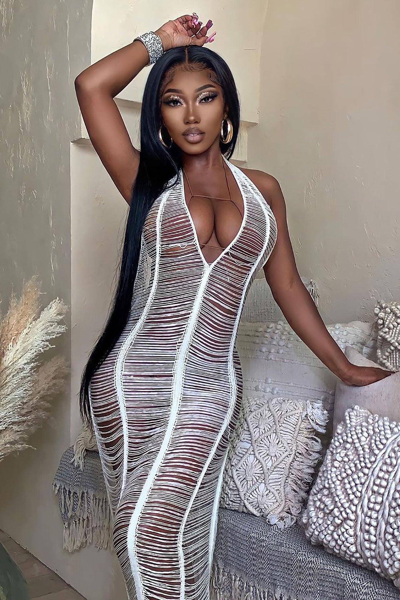 Relaxing All Summer Crochet Cover Up Maxi Dress - White Product Image