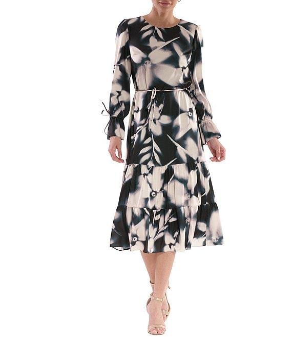 Julia Jordan Floral Satin Scoop Neck Long Sleeve Tie Cuff Tiered Midi Dress Product Image