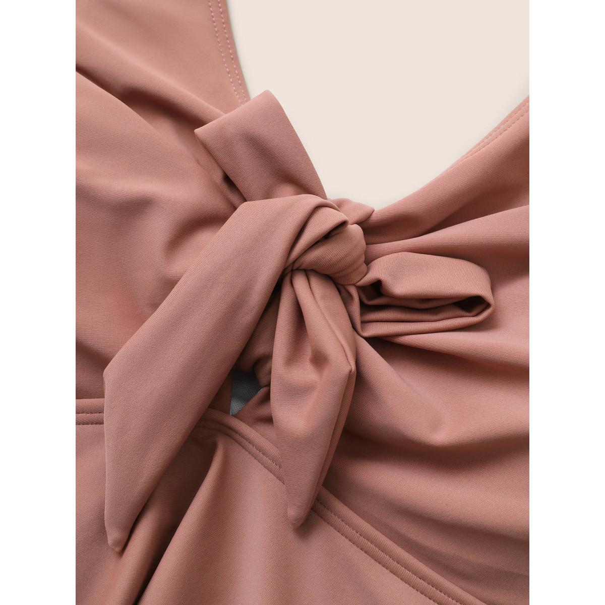 Plus Size Lace Trim Bowknot Front Ruched One Piece Swimsuit Women's Swimwear Rouge Beach Gathered Curve Bathing Suits High stretch One Pieces BloomChic 10/M Product Image