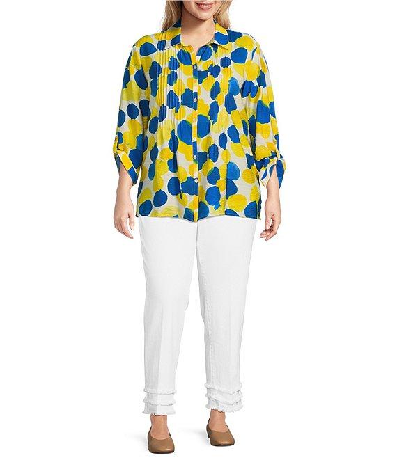 Multiples Plus Size Crinkle Woven Printed Point Collar 3/4 Cinched Tab Cuff Button Front Shirt Product Image