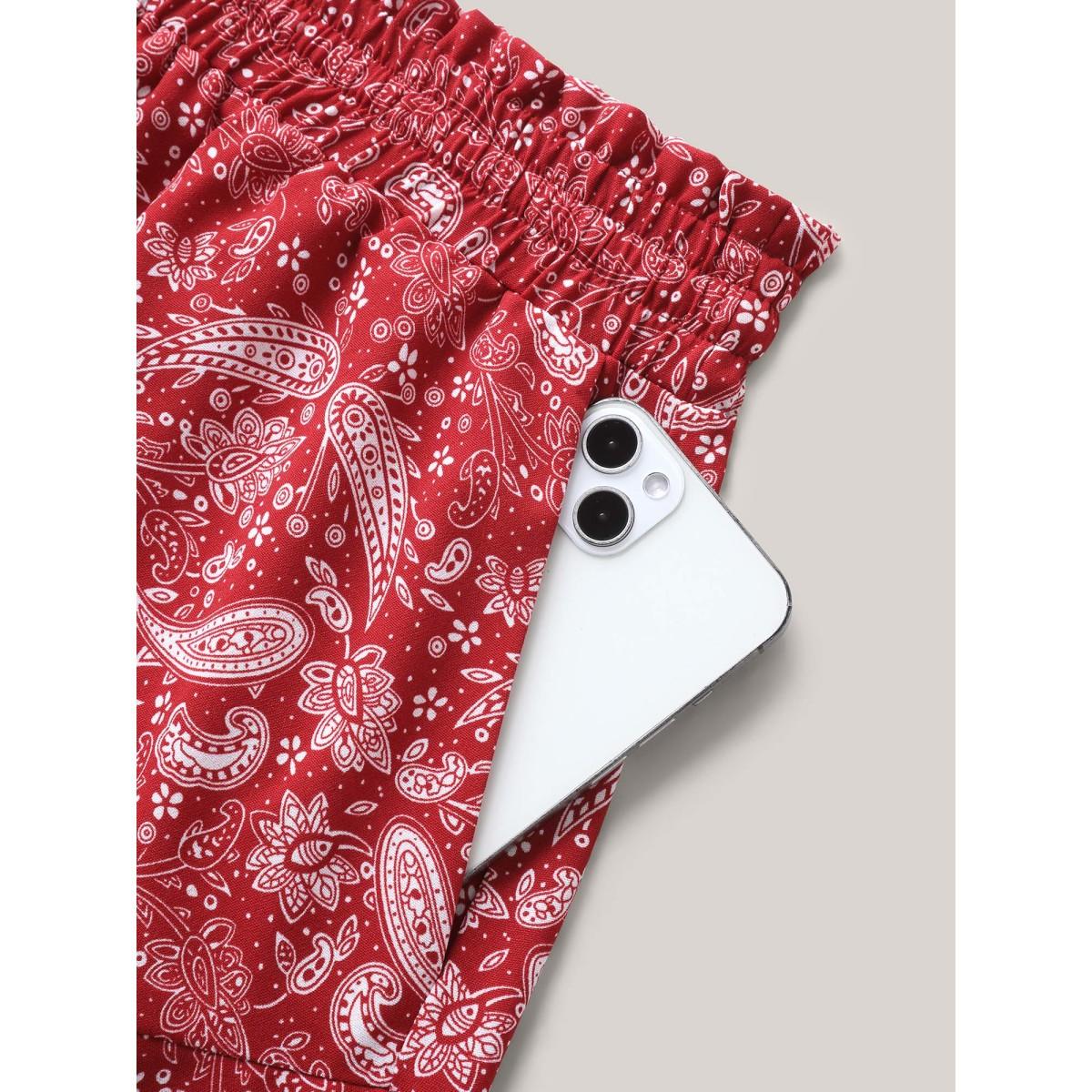 Plus Size Paisley Print Flared Wide-Leg Shorts Women Crimson Boho Drawstring Wide Leg Vacation Shorts BloomChic 12/L Product Image