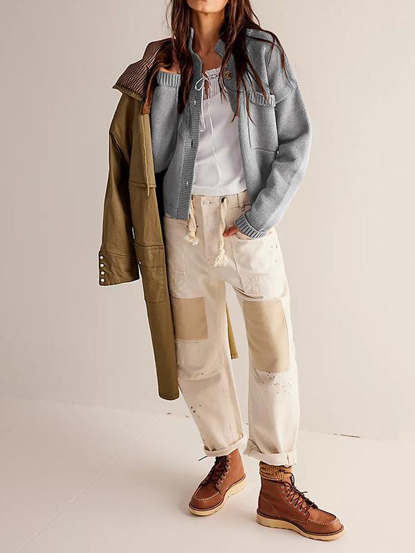 Long Sleeves Loose Buttoned Pockets Solid Color Split-Joint Stand Collar Cardigan Tops Product Image