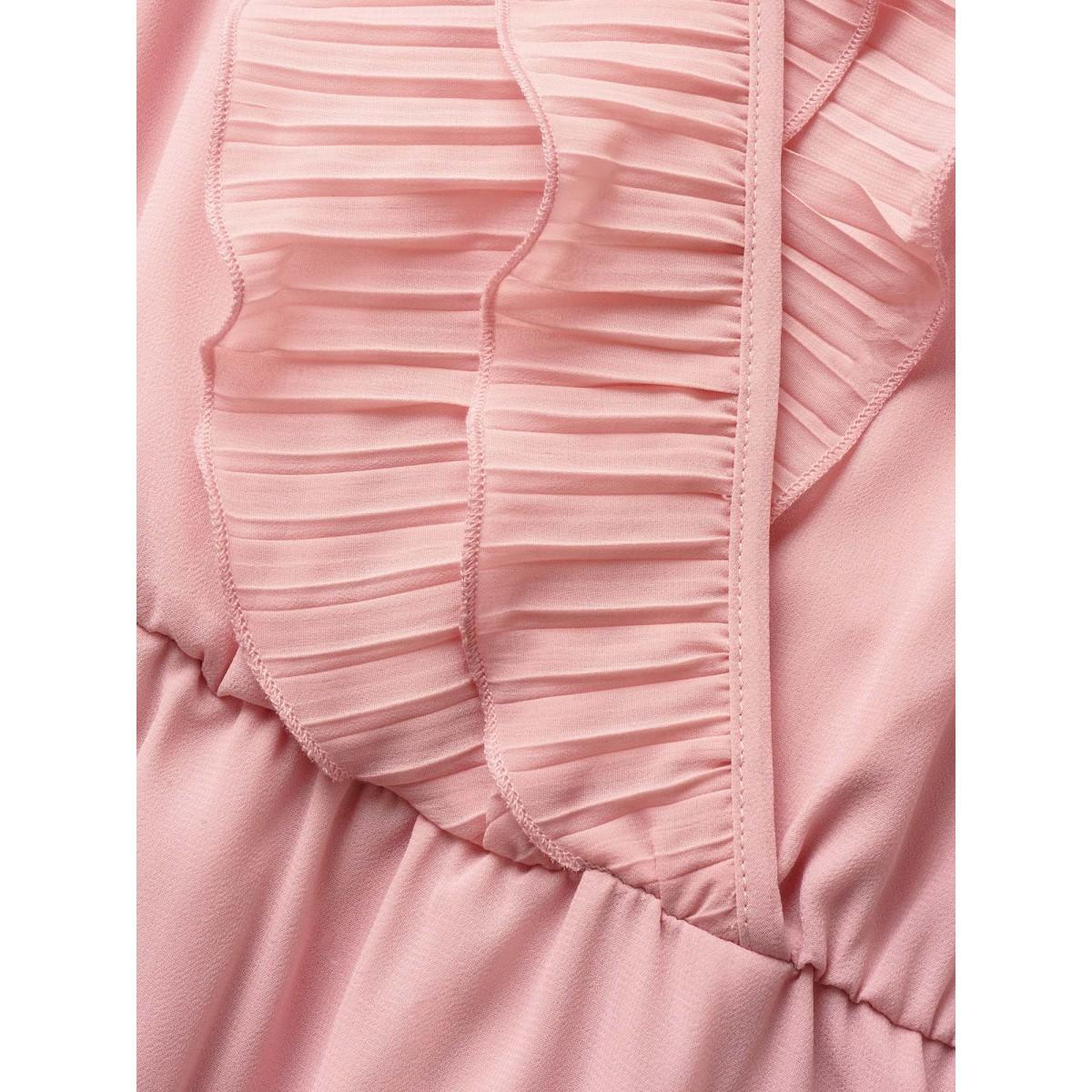 Plus Size Solid Wrap Textured Ruffle Trim Belted Dress Crepe Women Elegant Pleated V-neck Short sleeve Curvy BloomChic 22-24/3X Product Image