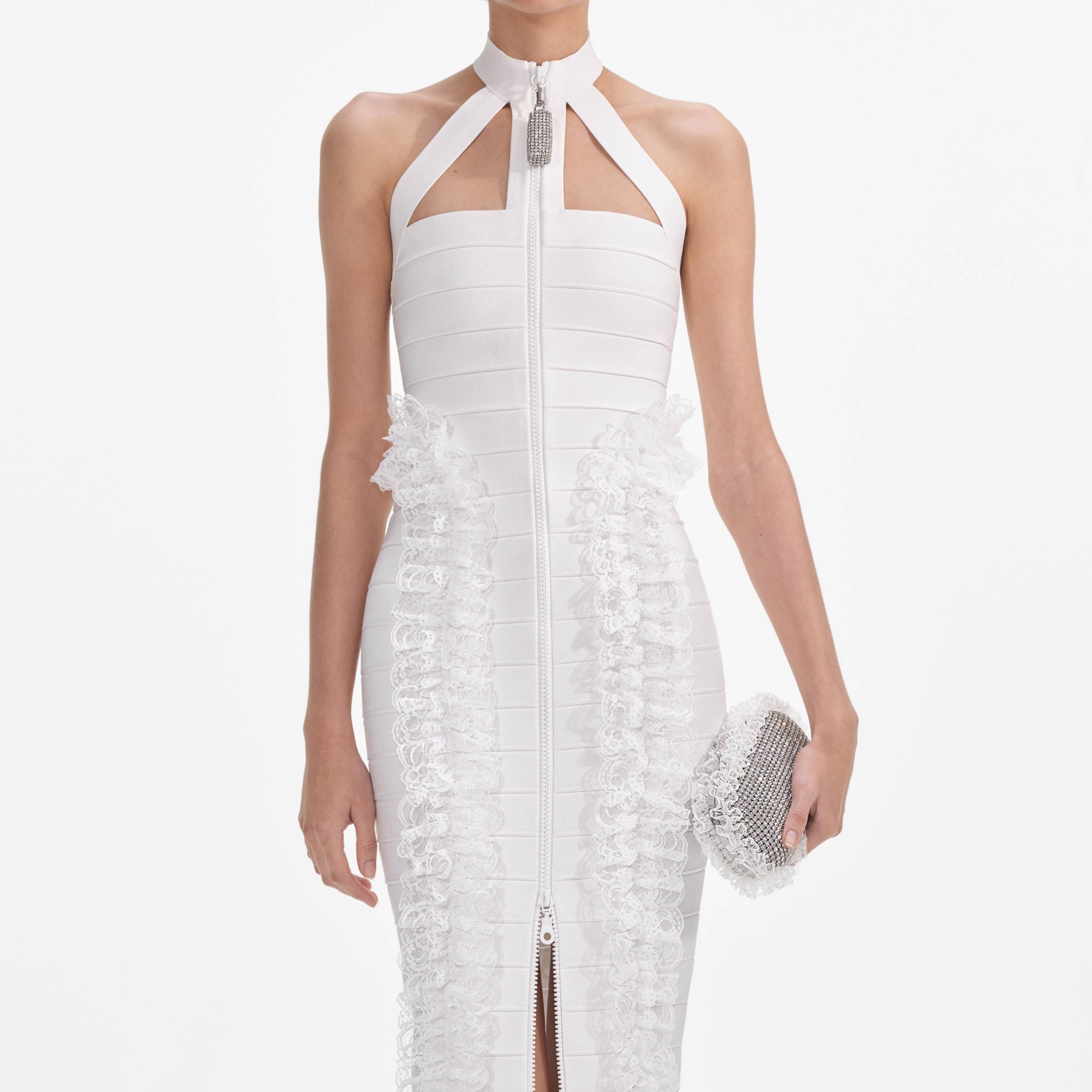 White Knit Zip Ruffle Maxi Dress Product Image
