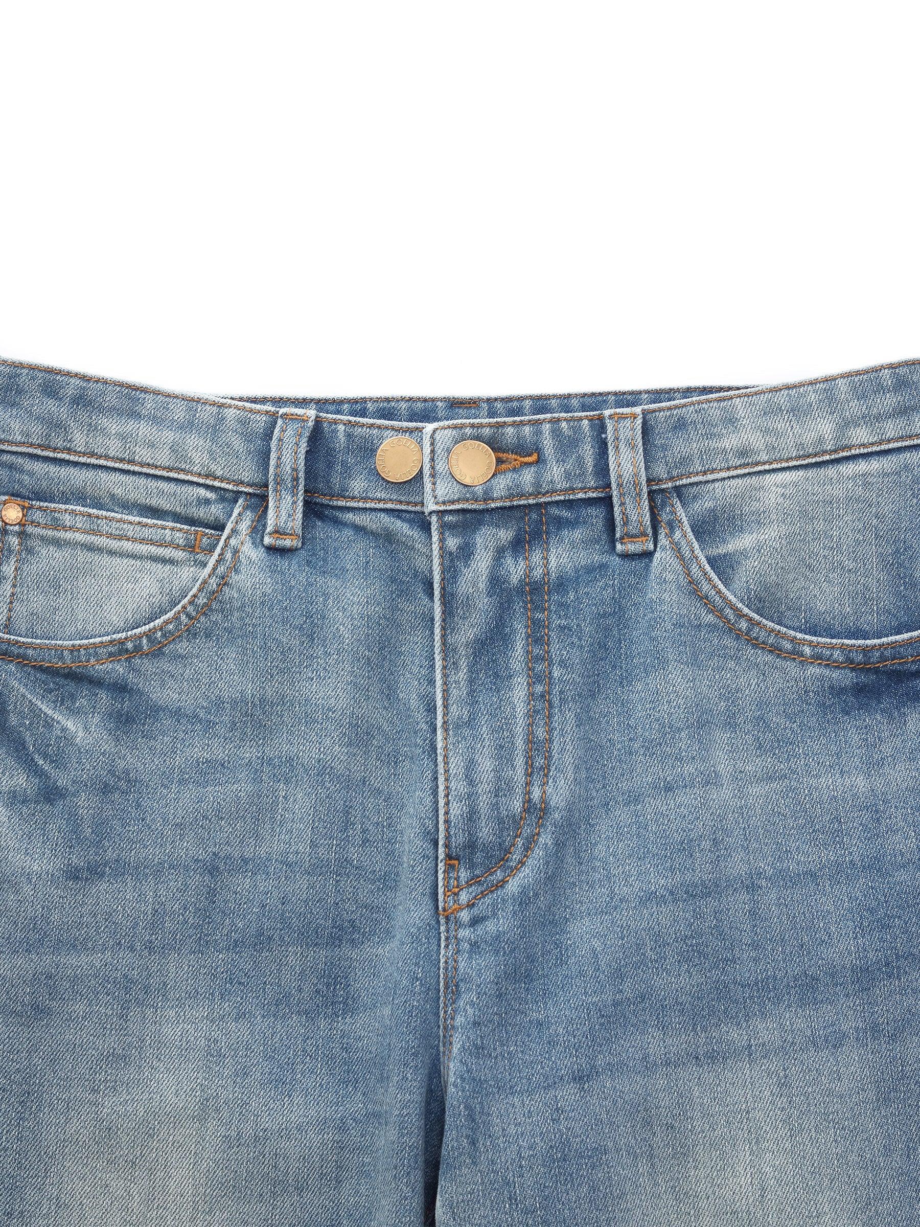 Cotton Denim Adjustable Waist Women Straight Leg Folded Jeans Product Image