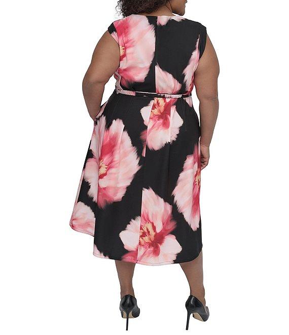 DKNY by Donna Karan Plus Size Crew Neck Cap Sleeve Belted Fit and Flare Dress Product Image