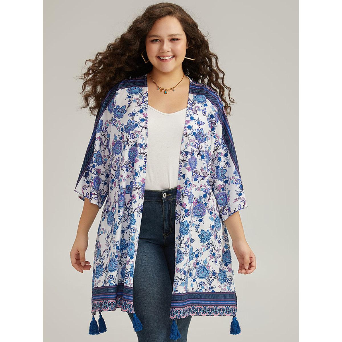 Plus Size Floral Print Tassels Trim Split Side Kimono Women Cerulean Casual Drape Pocket Dailywear Kimonos BloomChic 26/4X Product Image