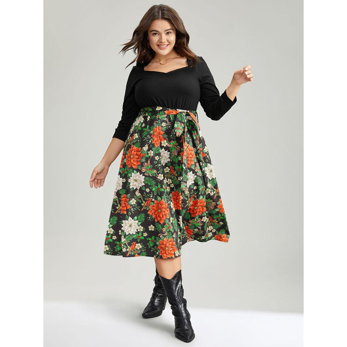 Plus Size Square Neck Floral Print Belted Contrast Dress Black Women Office Belted Square Neck Long Sleeve Curvy Midi Dress BloomChic 14-16/1X Product Image