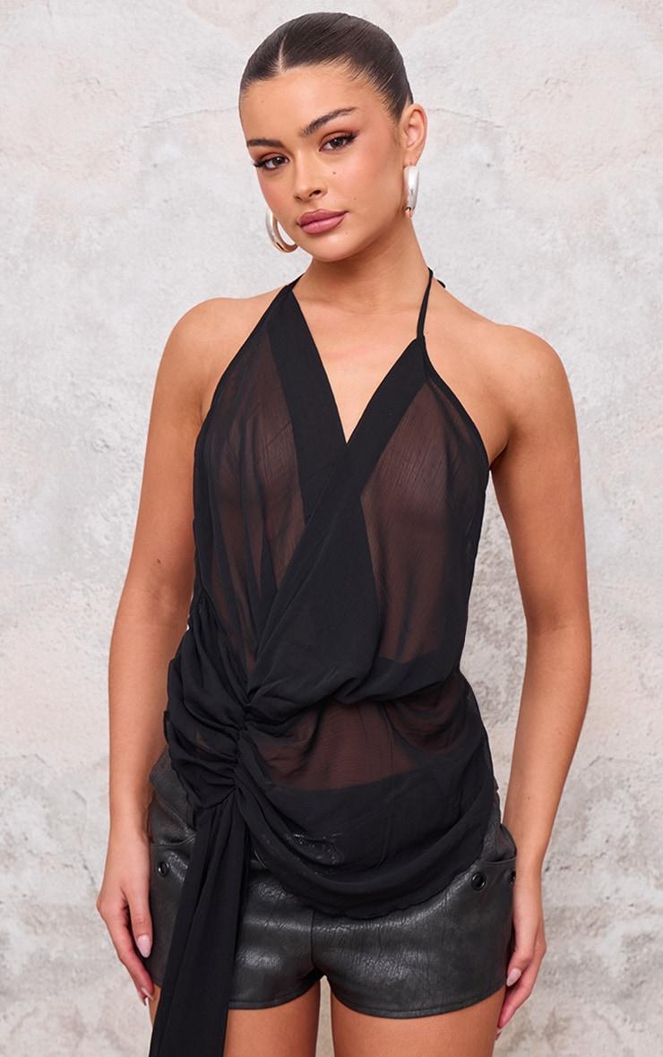 Black Ruched Front Chiffon Drape Detail Long Top Product Image