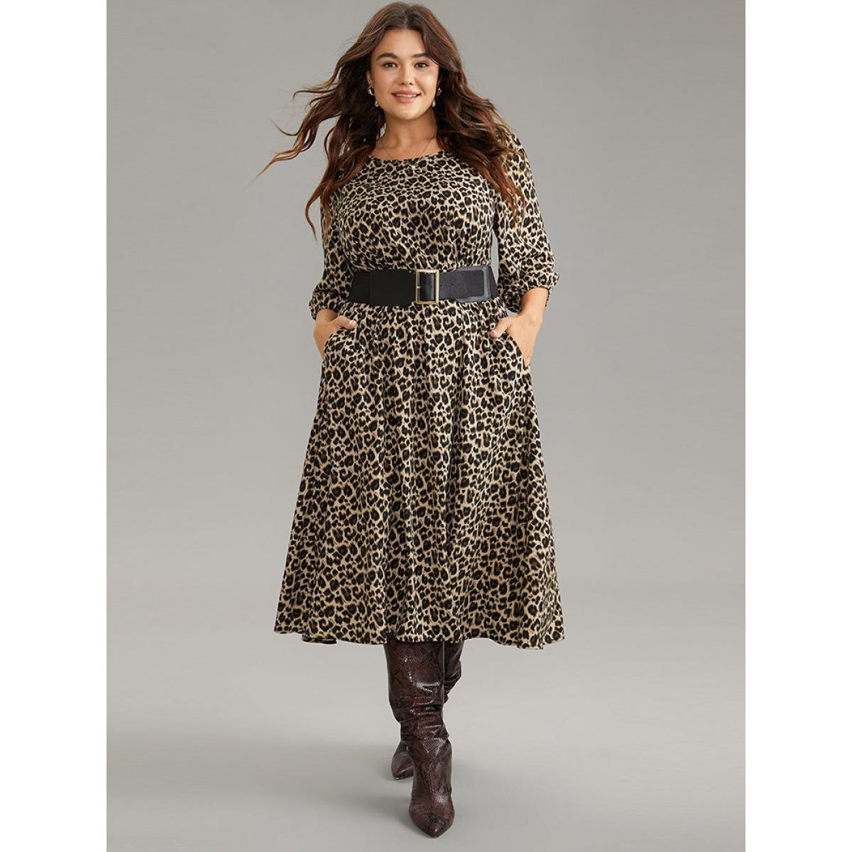 Plus Size Leopard Elastic Waist Belted Round Neck Dress LightBrown Women Office Elastic cuffs Round Neck Elbow-length sleeve Curvy Midi Dress BloomChic 10/M Product Image
