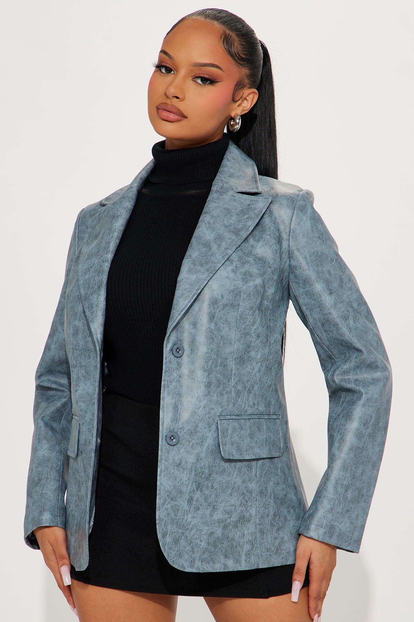 Blaire Washed Faux Leather Blazer - Blue Product Image