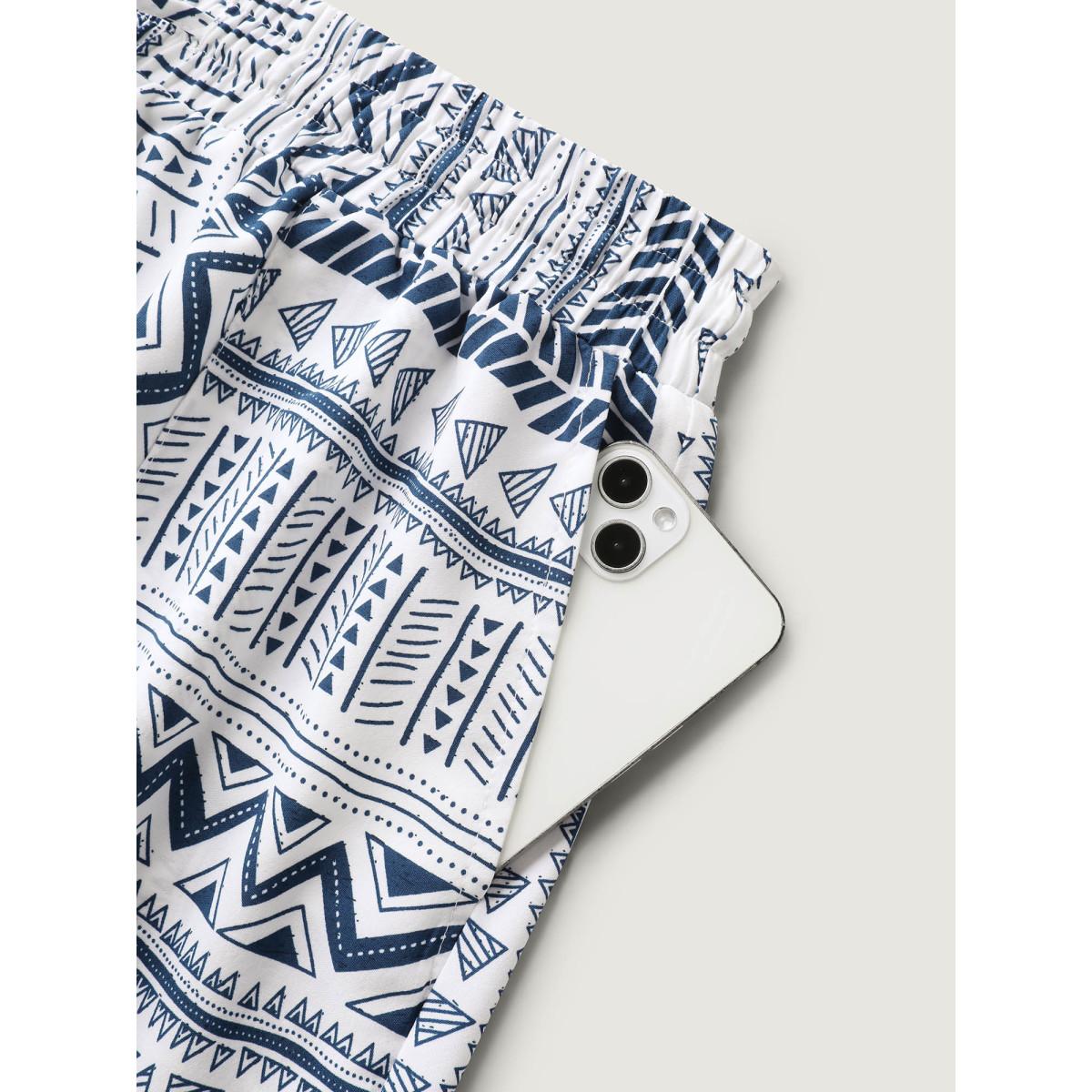 Plus Size Boho Stripe Drawstring Straight-Leg Shorts Women LightBlue Resort Drawstring Straight Leg Vacation Shorts BloomChic 18-20/2X Product Image